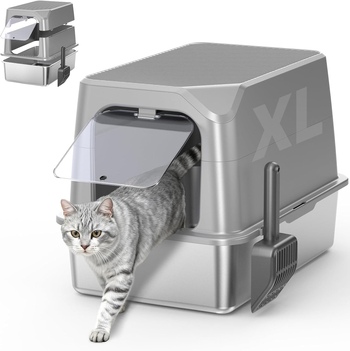 Experience the Ultimate Comfort with Our XL Enclosed Stainless Steel Cat Litter Box - Odor-Free, Anti-Leakage Design for Large Cats - Includes Convenient Scoop