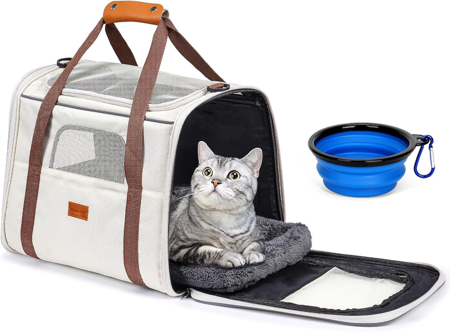 Soft Cat Carrier for Medium to Large Cats - Comfortable & Secure with Dual-Sided Cushion, Buckle & Foldable Bowl - Ideal for Small Dogs (Dark Gray)
