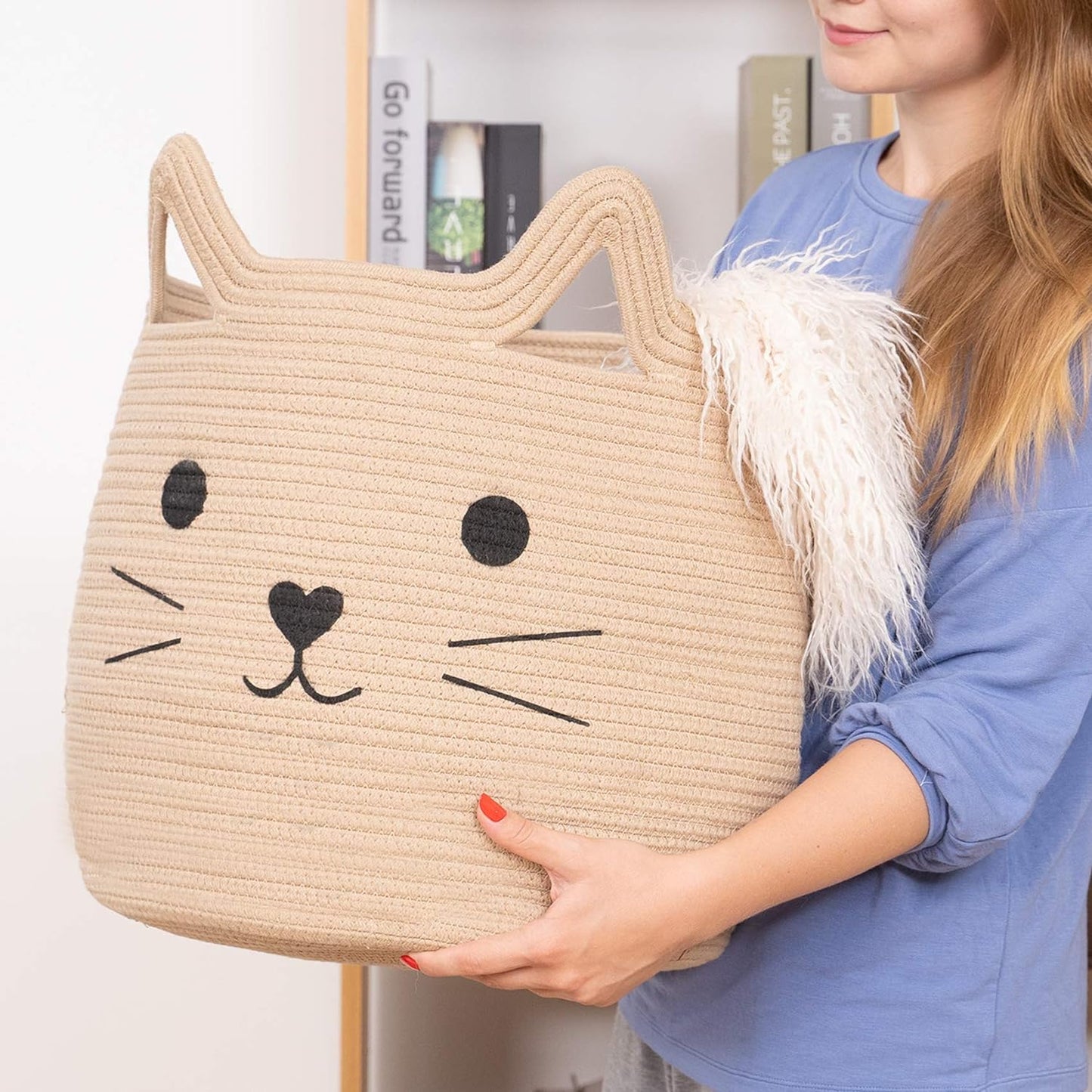 Charming Cat Design Large Woven Cotton Rope Storage Baskets - Perfect for Laundry, Toys, and Gifts!