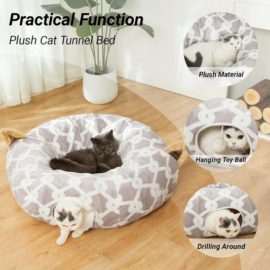 Indulge Your Furry Friend with the Cozy 3 Ft Cat Tunnel Bed - Stylish Gray Geometric Design with Fluffy Toy Balls for Cats & Small Dogs