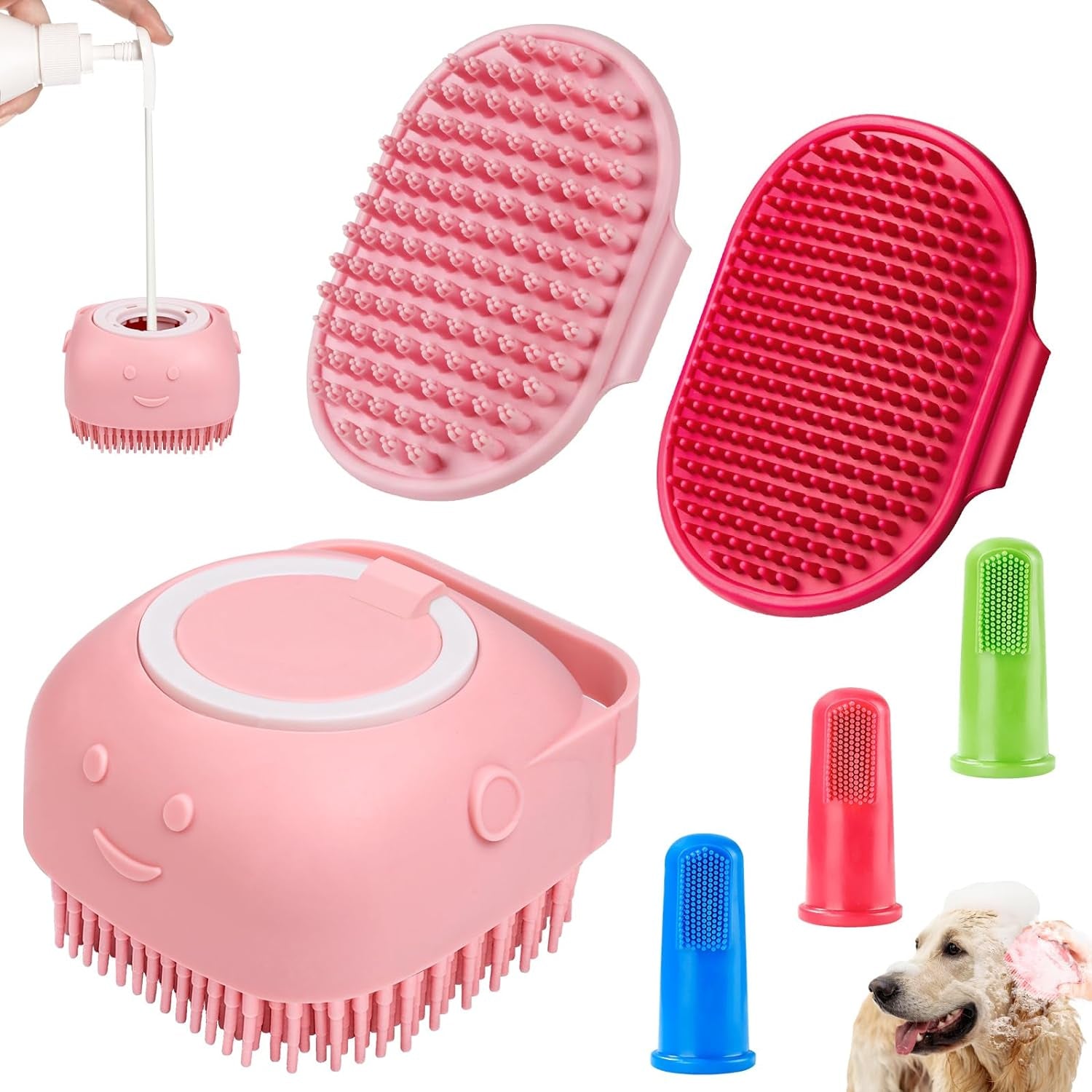 6PCS Dog Bath Brush & Dog Toothbrush | Adjustable Handle Shampoo Brush & Scrubber for Short & Long Haired Dogs & Cats | Effectively Solve Odor & Stain Removal Problems (Blue Blue Blue.)
