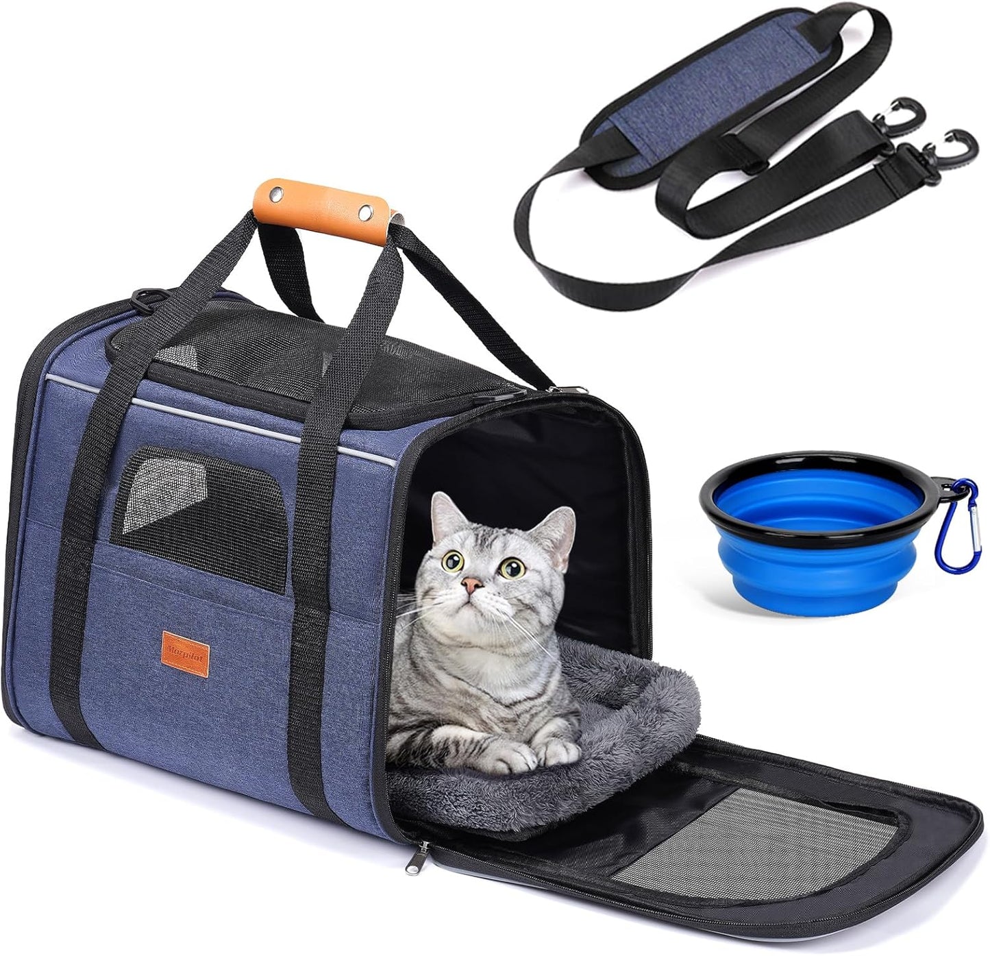 Soft Cat Carrier for Medium to Large Cats - Comfortable & Secure with Dual-Sided Cushion, Buckle & Foldable Bowl - Ideal for Small Dogs (Dark Gray)