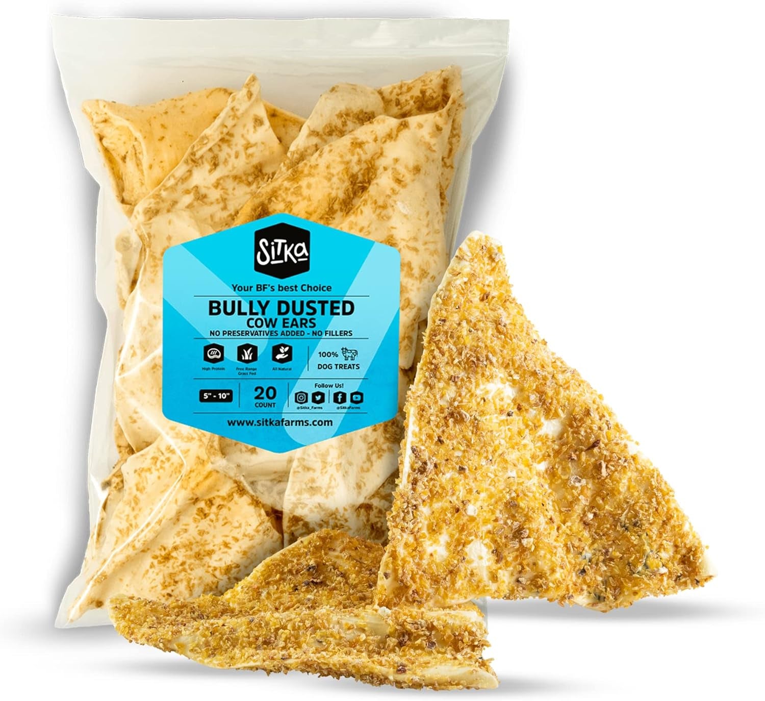 100% Natural Bully Dusted Cow Ears for Dogs - 20 Count Premium No Hide Chews for All Sizes - Free Range Grass-Fed Cattle