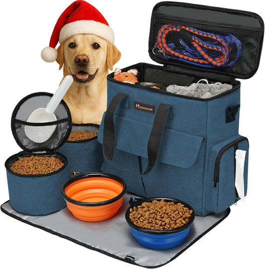 Ultimate Airline Approved Dog Travel Bag - Complete Weekend Pet Set with Multi-Function Pockets, Food Storage, Collapsible Bowls & Feeding Mat in Blue