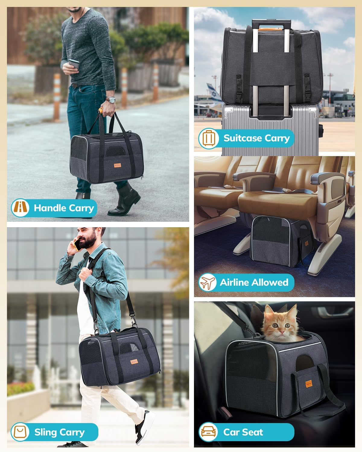 Soft Cat Carrier for Medium to Large Cats - Comfortable & Secure with Dual-Sided Cushion, Buckle & Foldable Bowl - Ideal for Small Dogs (Dark Gray)