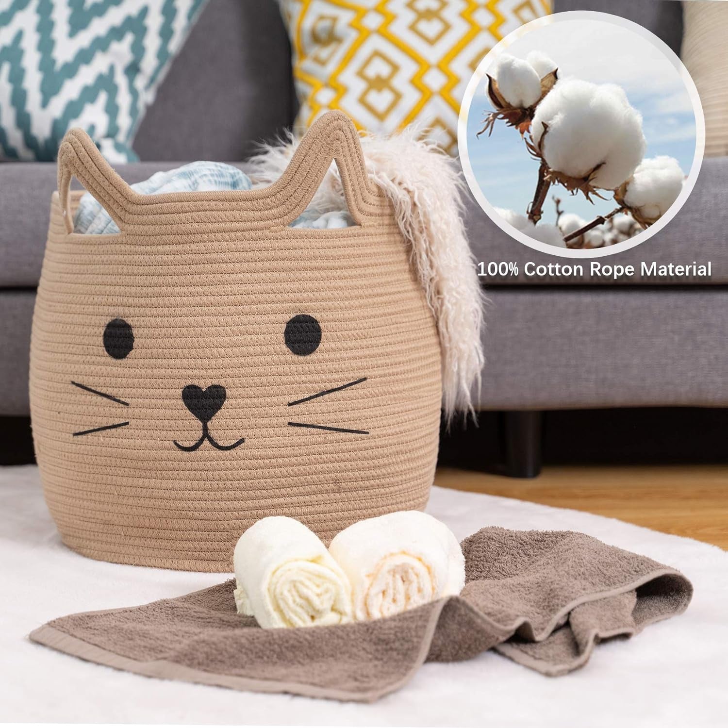 Charming Cat Design Large Woven Cotton Rope Storage Baskets - Perfect for Laundry, Toys, and Gifts!