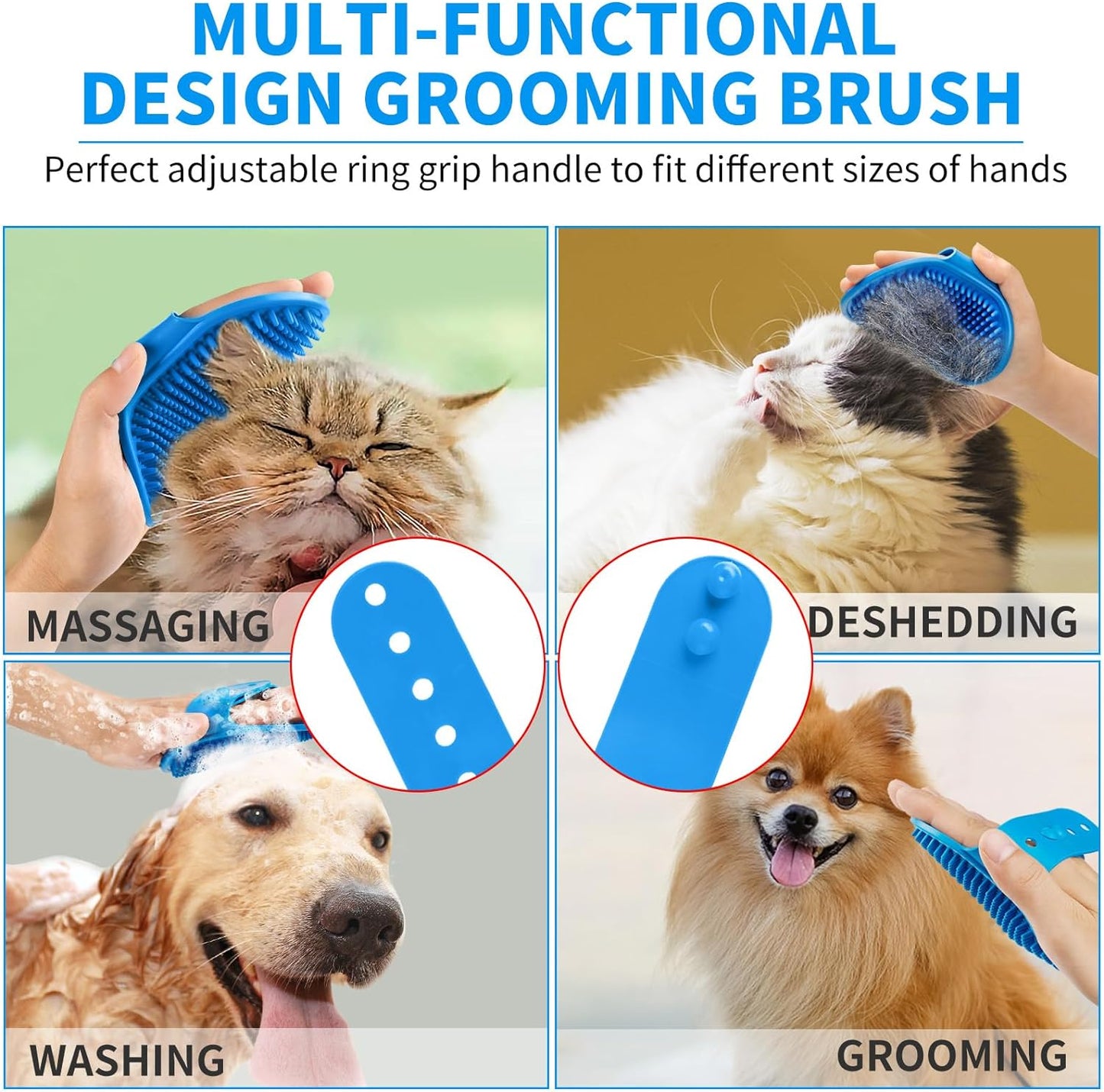 6PCS Dog Bath Brush & Dog Toothbrush | Adjustable Handle Shampoo Brush & Scrubber for Short & Long Haired Dogs & Cats | Effectively Solve Odor & Stain Removal Problems (Blue Blue Blue.)
