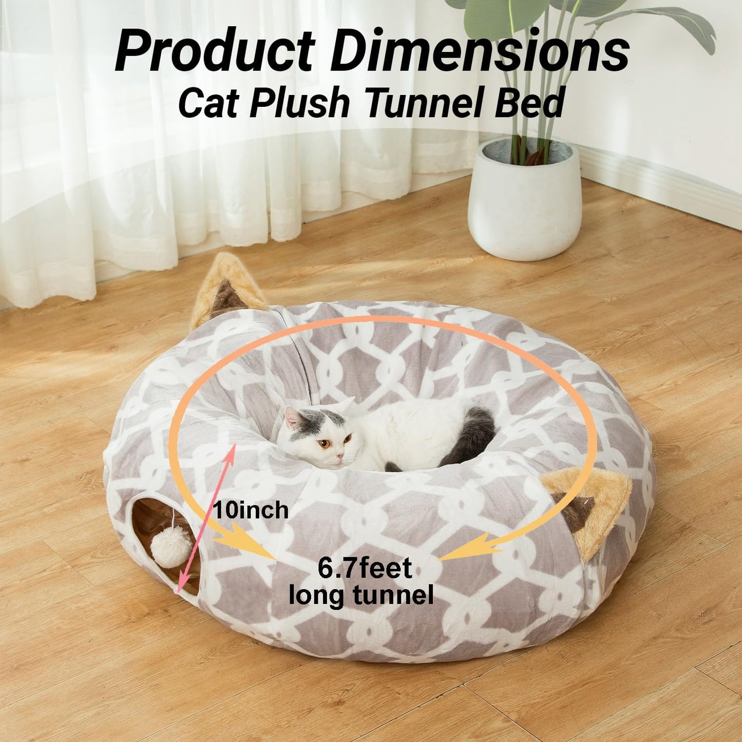 Indulge Your Furry Friend with the Cozy 3 Ft Cat Tunnel Bed - Stylish Gray Geometric Design with Fluffy Toy Balls for Cats & Small Dogs