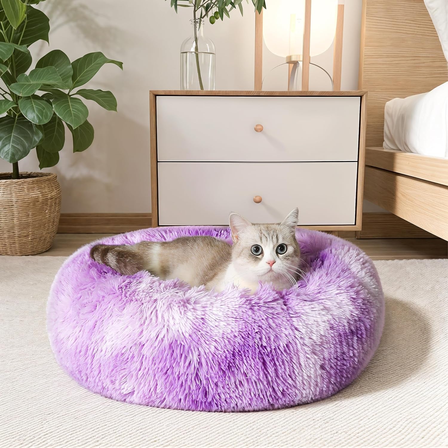 Ultimate Cozy Calming Donut Bed for Dogs & Cats - Luxurious Fluffy Faux Fur for Unmatched Comfort