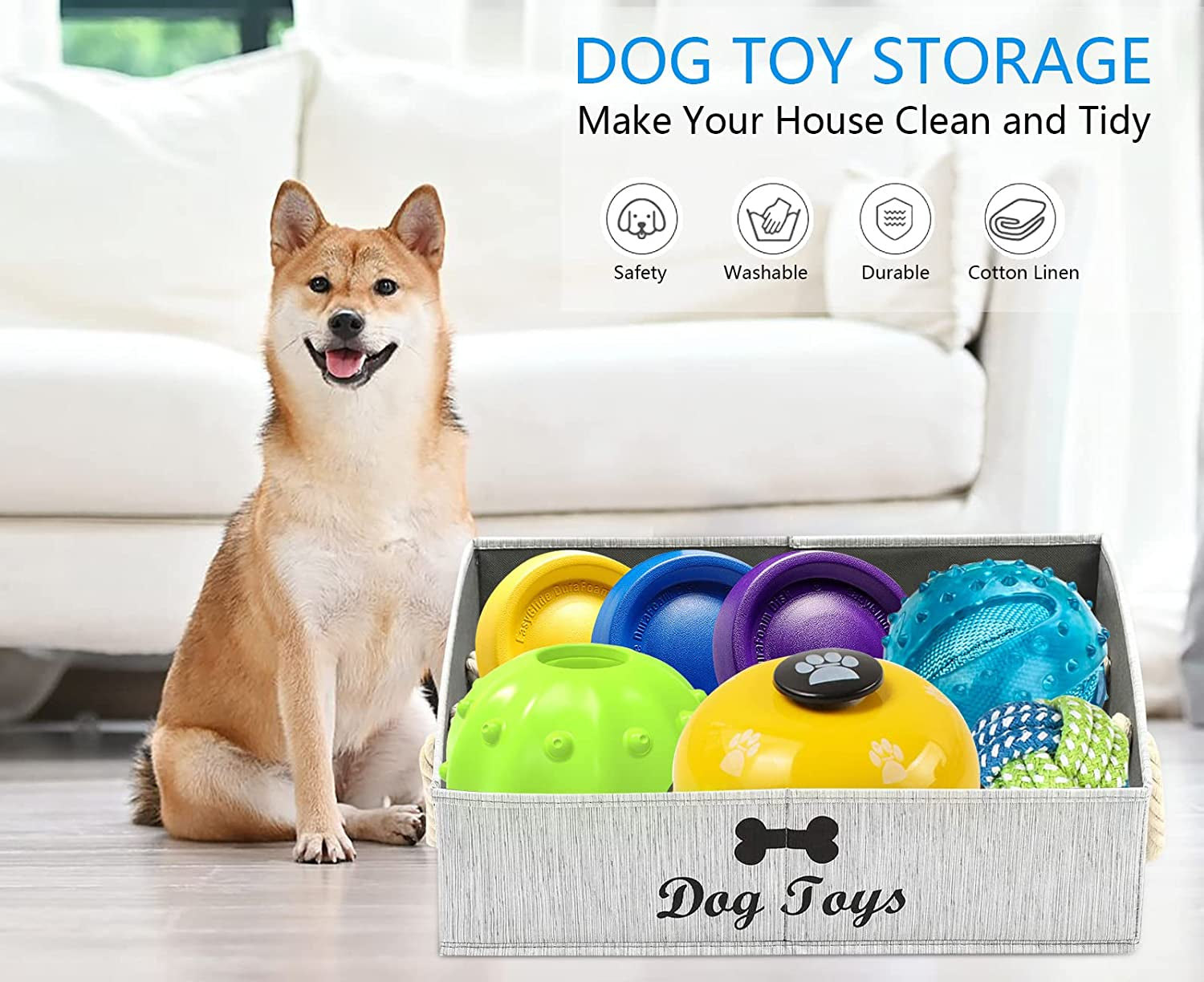 Large Dog Toy Storage Bin - Stylish Grey Basket for Organizing Puppy Toys in Living Room, Playroom, or Closet