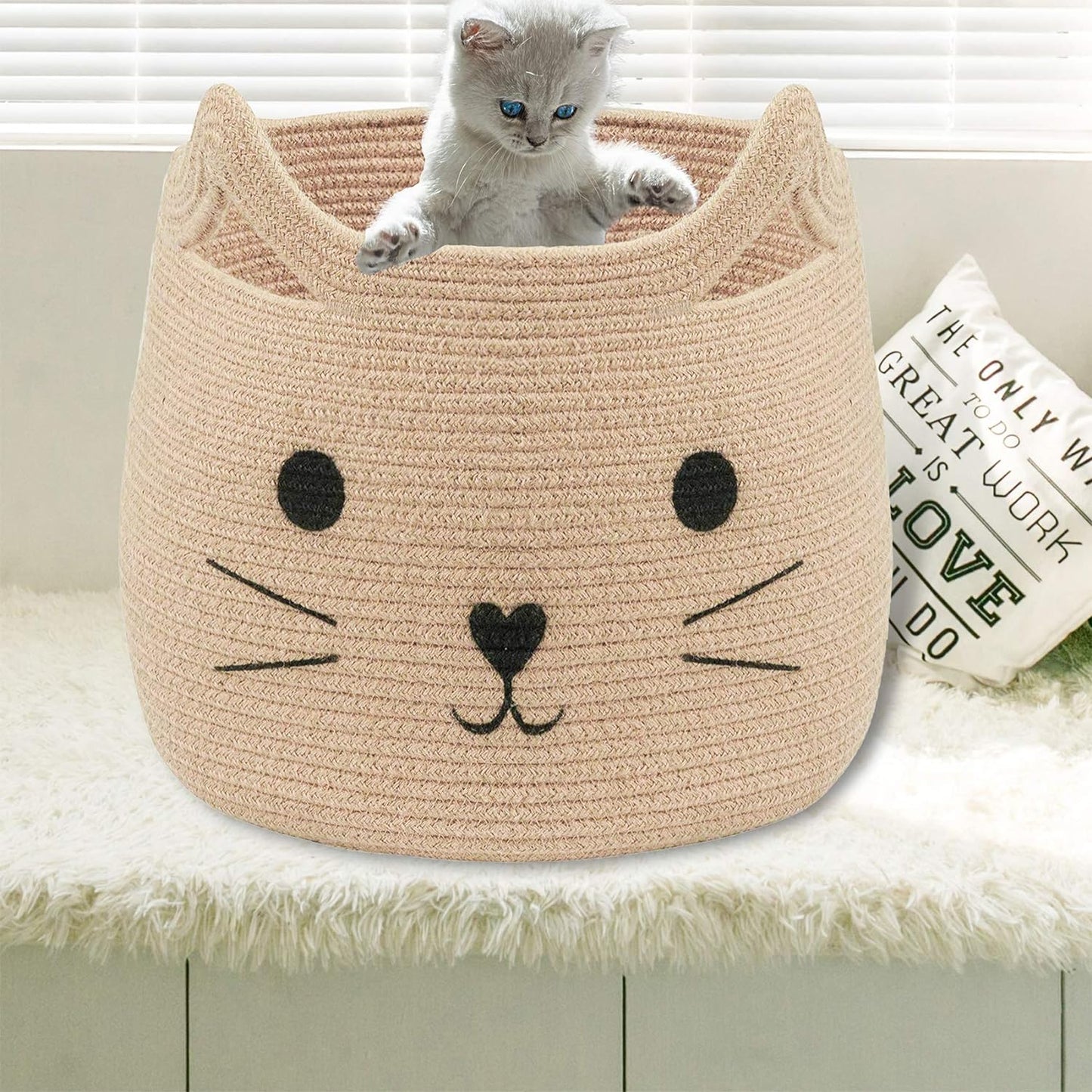 Charming Cat Design Large Woven Cotton Rope Storage Baskets - Perfect for Laundry, Toys, and Gifts!