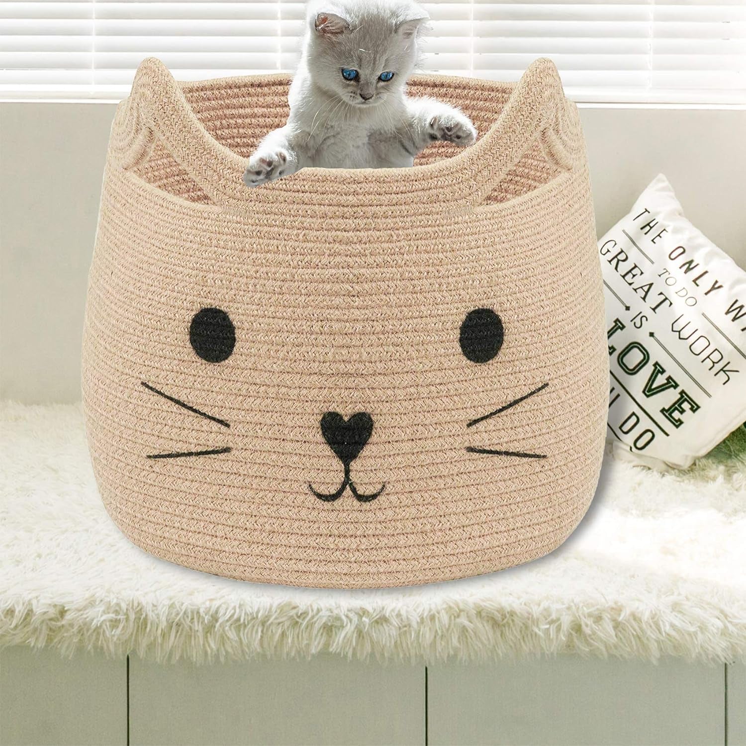 Charming Cat Design Large Woven Cotton Rope Storage Baskets - Perfect for Laundry, Toys, and Gifts!