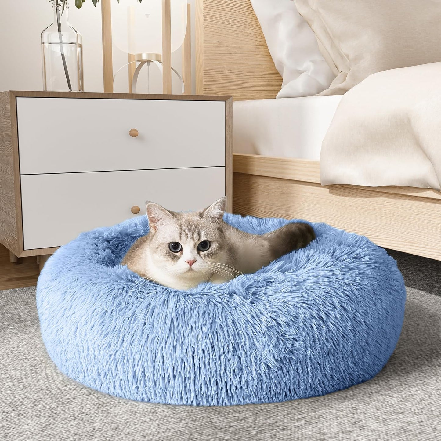 Ultimate Cozy Calming Donut Bed for Dogs & Cats - Luxurious Fluffy Faux Fur for Unmatched Comfort