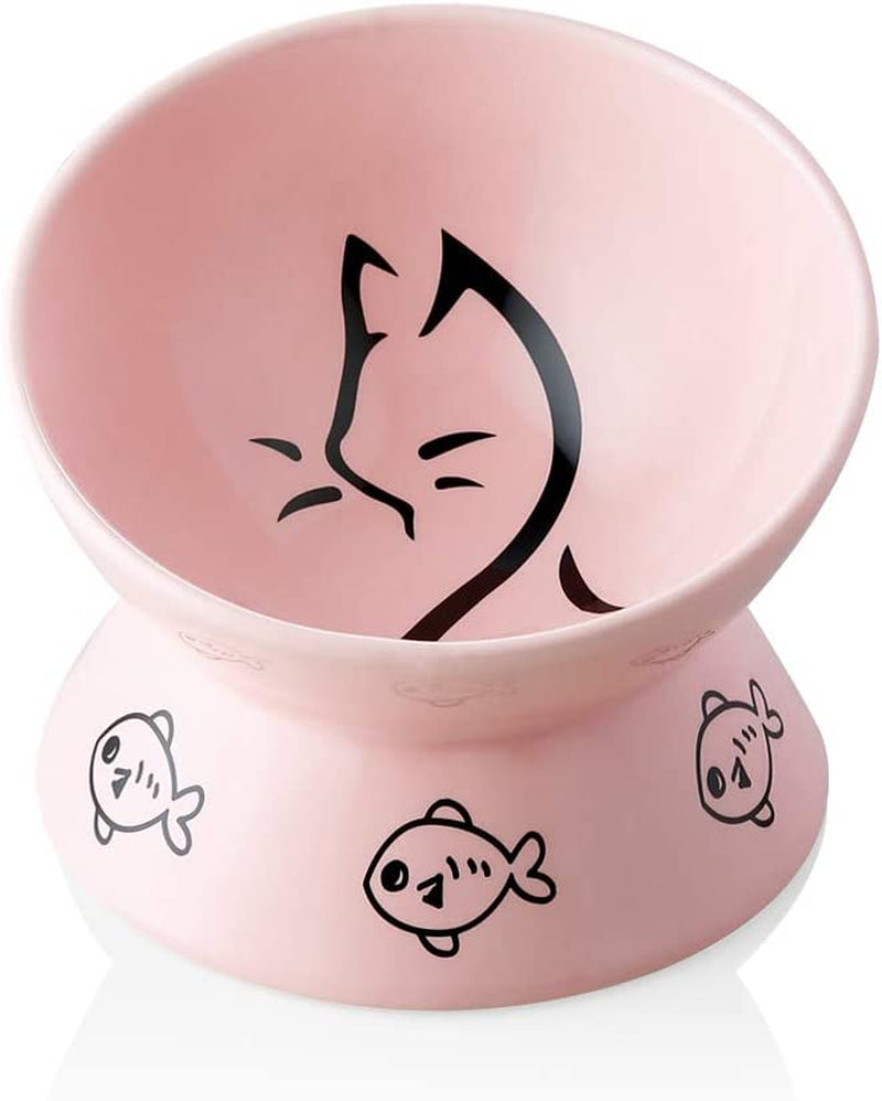 Elevated  Ceramic Cat Bowls - Slanted Design for Stress-Free Eating & Drinking, Protects Cat's Spine (Pink)