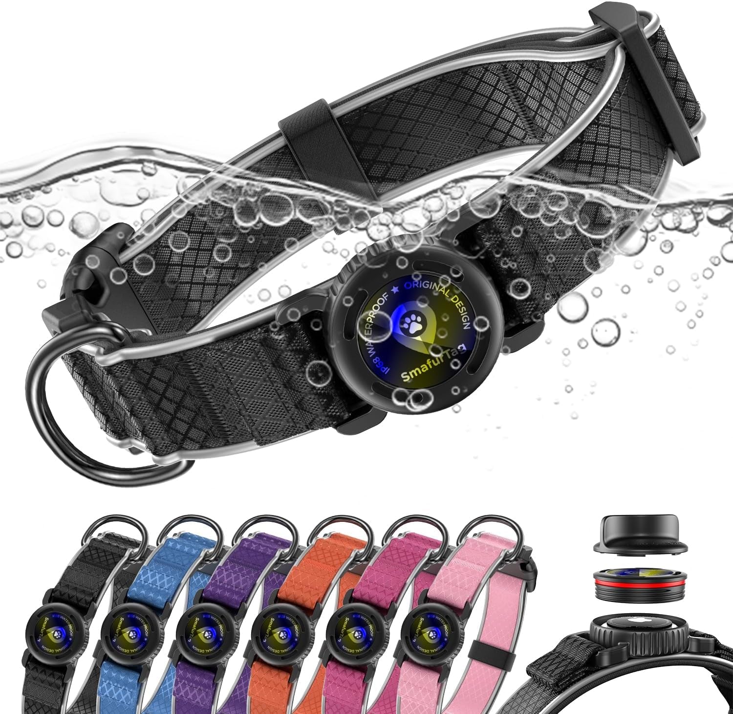 Airtag Dog Collar with Free QR Code ID & Waterproof Holder - Reflective, Durable Padded Oxford Collar Compatible with Apple Airtags for Large Dogs (Black, L)