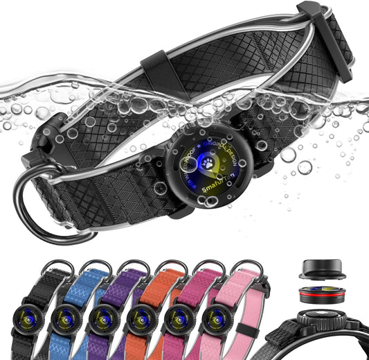 Airtag Dog Collar with Free QR Code ID & Waterproof Holder - Reflective, Durable Padded Oxford Collar Compatible with Apple Airtags for Large Dogs (Black, L)