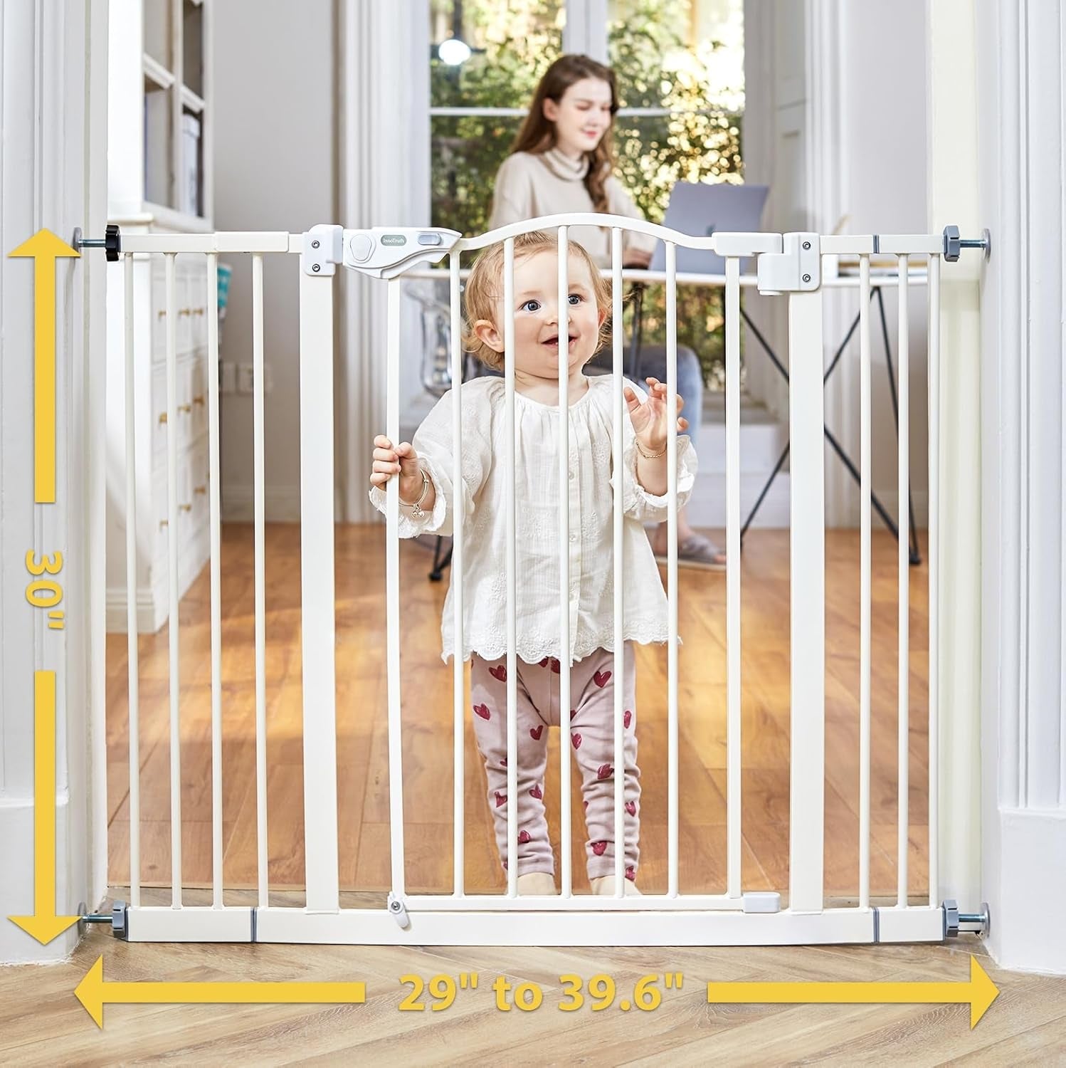 Auto Close Baby Gate for Pets - 29-39.6" Adjustable Dog Gate with One-Hand Opening, 30" Tall Safety Barrier for Stairs, Hallways & Bedrooms - No Drill Wall Pressure Mount - Stylish White Design