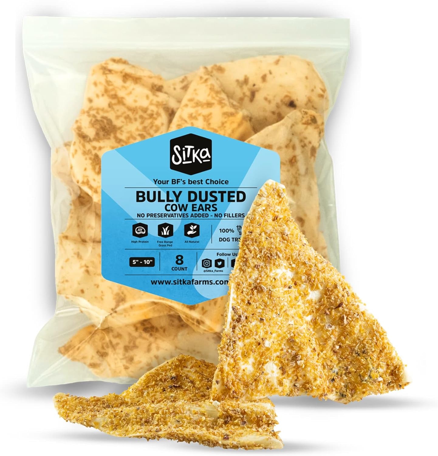 100% Natural Bully Dusted Cow Ears for Dogs - 20 Count Premium No Hide Chews for All Sizes - Free Range Grass-Fed Cattle