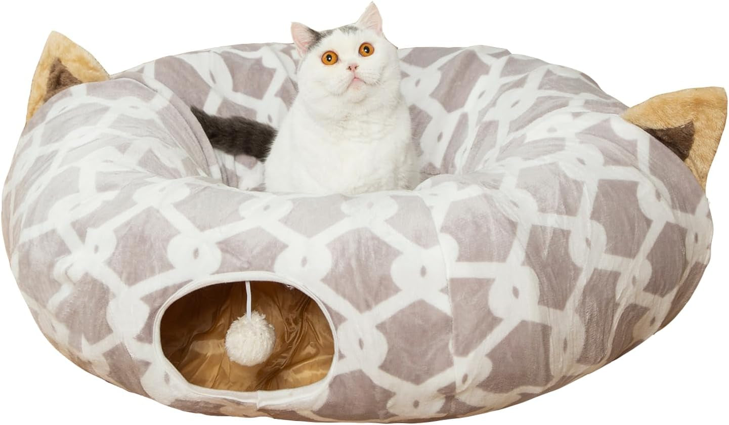 Indulge Your Furry Friend with the Cozy 3 Ft Cat Tunnel Bed - Stylish Gray Geometric Design with Fluffy Toy Balls for Cats & Small Dogs