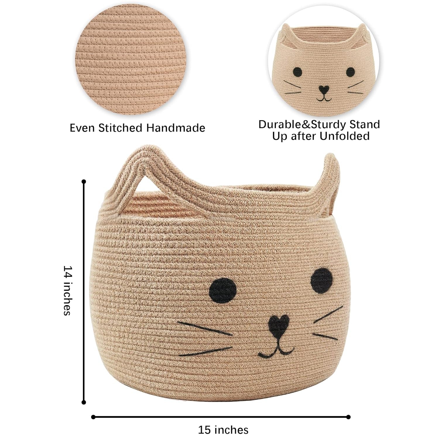 Charming Cat Design Large Woven Cotton Rope Storage Baskets - Perfect for Laundry, Toys, and Gifts!