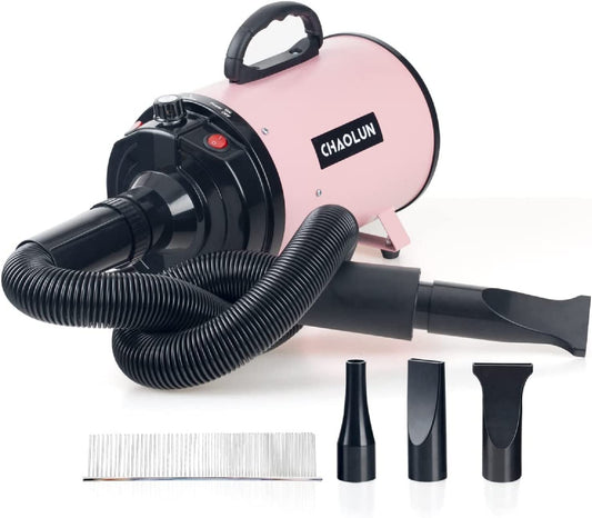 High Velocity Pink Dog Dryer for Pet Grooming - Adjustable Speed, Heater, 3 Nozzles & Comb Included!