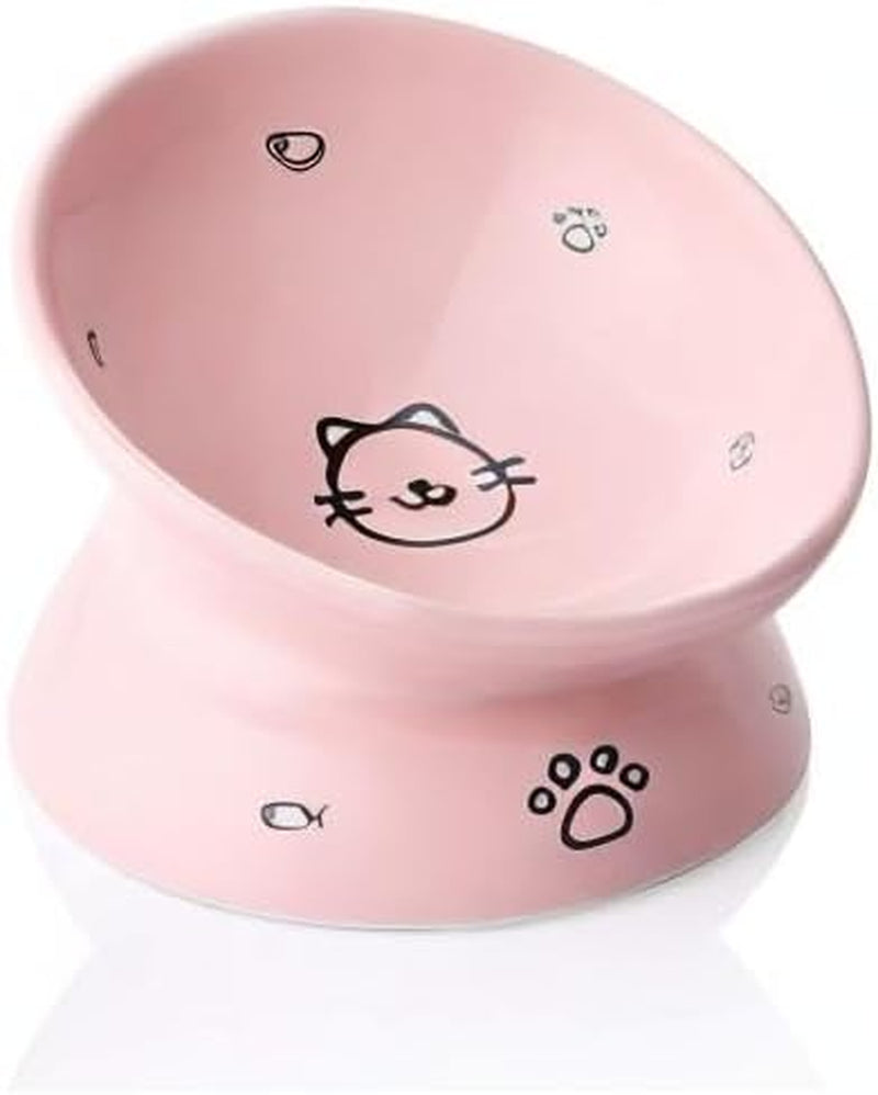 Elevated  Ceramic Cat Bowls - Slanted Design for Stress-Free Eating & Drinking, Protects Cat's Spine (Pink)
