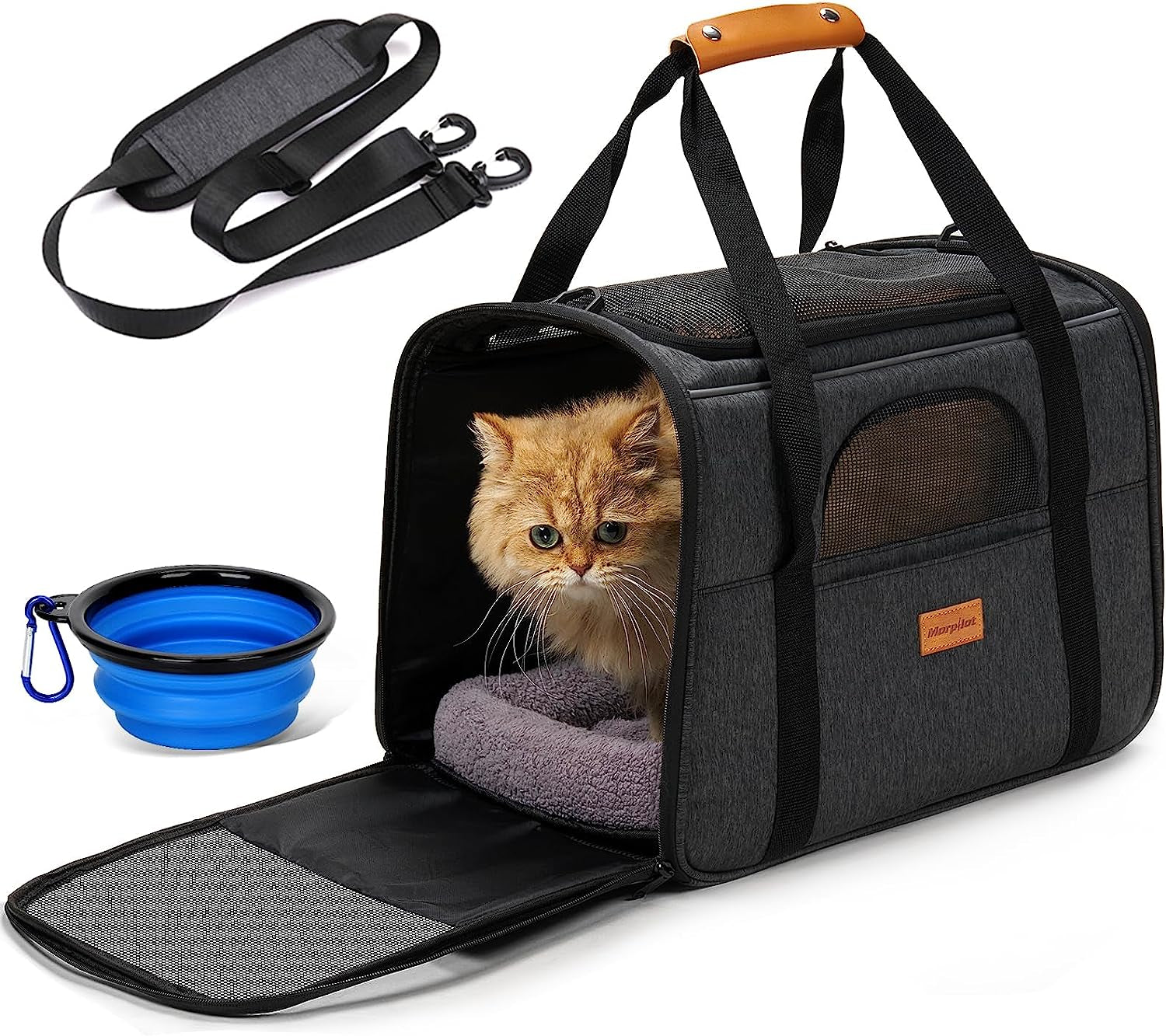Soft Cat Carrier for Medium to Large Cats - Comfortable & Secure with Dual-Sided Cushion, Buckle & Foldable Bowl - Ideal for Small Dogs (Dark Gray)
