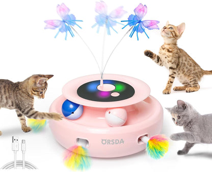 Ultimate 3-in-1 Interactive Cat Toy: Automatic Feather, Fluttering Butterfly, and Track Balls for Endless Indoor Fun!