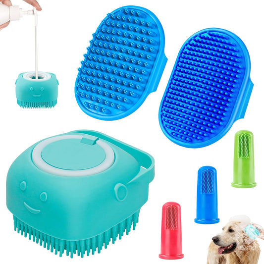 6PCS Dog Bath Brush & Dog Toothbrush | Adjustable Handle Shampoo Brush & Scrubber for Short & Long Haired Dogs & Cats | Effectively Solve Odor & Stain Removal Problems (Blue Blue Blue.)