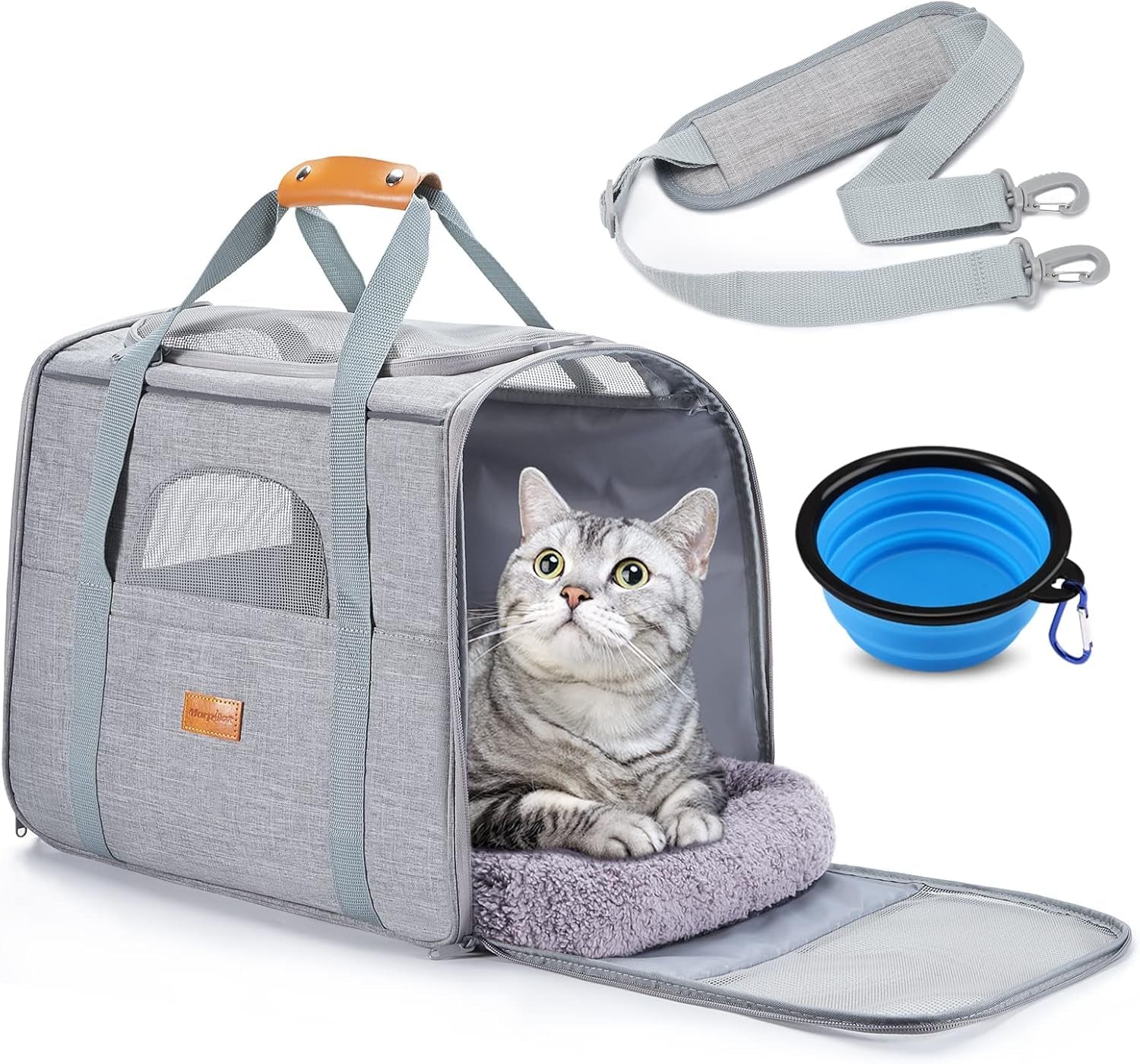 Soft Cat Carrier for Medium to Large Cats - Comfortable & Secure with Dual-Sided Cushion, Buckle & Foldable Bowl - Ideal for Small Dogs (Dark Gray)