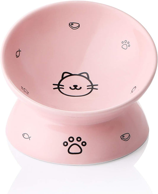 Elevated  Ceramic Cat Bowls - Slanted Design for Stress-Free Eating & Drinking, Protects Cat's Spine (Pink)