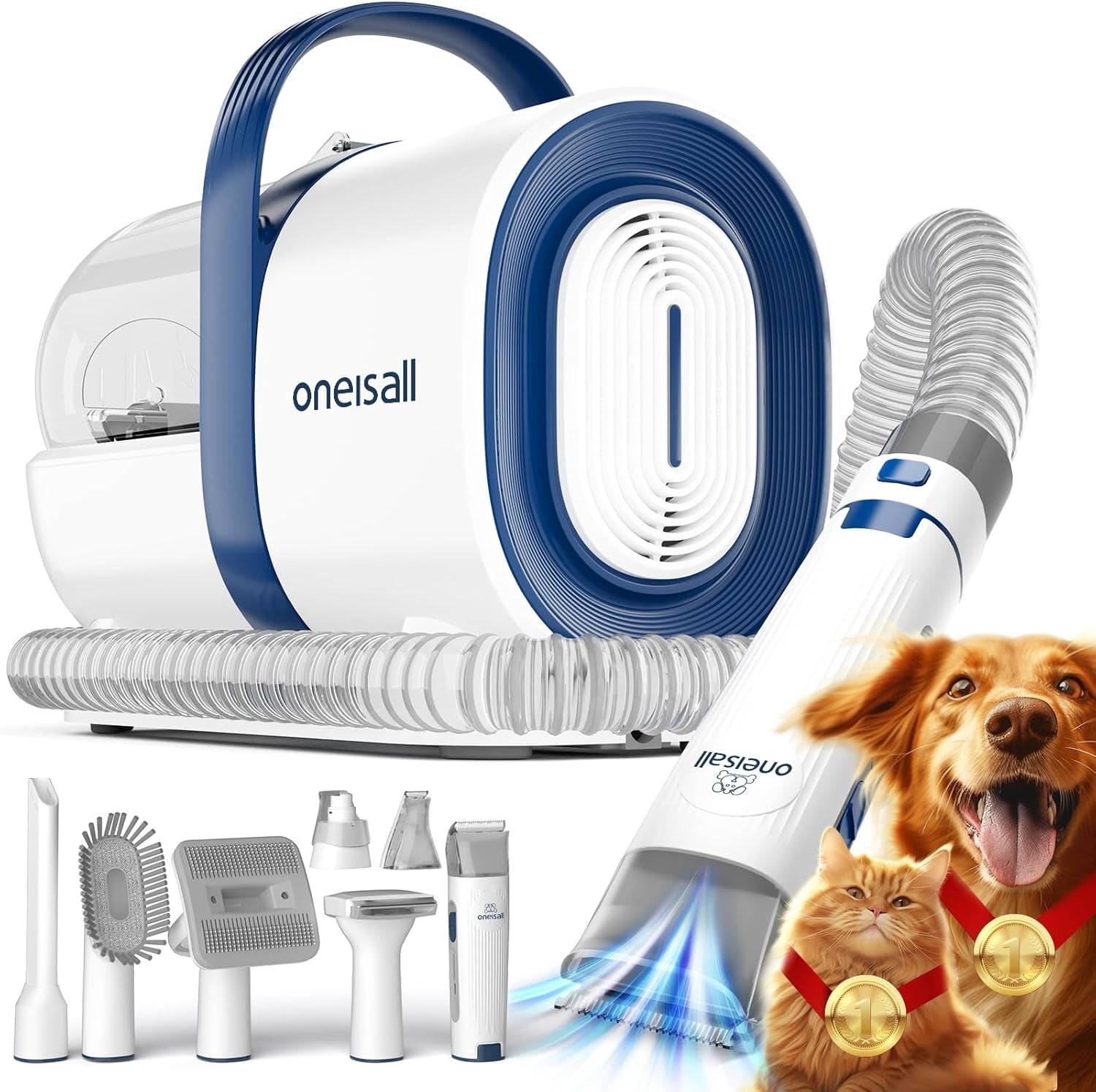 Dog Grooming Vacuum, Pet Grooming Vacuum with Clipper Nail Grinder, 1.5L Dust Cup Dog Deshedding Vacuum Brush with 7 Pet Grooming Tools for Shedding Pet Hair, Home Cleaning(Blue)