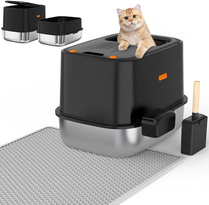 Experience the Ultimate Comfort with Our XL Enclosed Stainless Steel Cat Litter Box - Odor-Free, Anti-Leakage Design for Large Cats - Includes Convenient Scoop