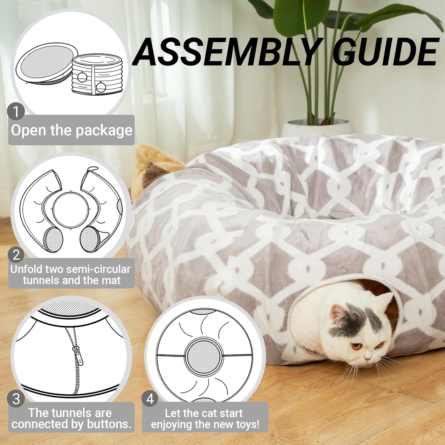 Indulge Your Furry Friend with the Cozy 3 Ft Cat Tunnel Bed - Stylish Gray Geometric Design with Fluffy Toy Balls for Cats & Small Dogs