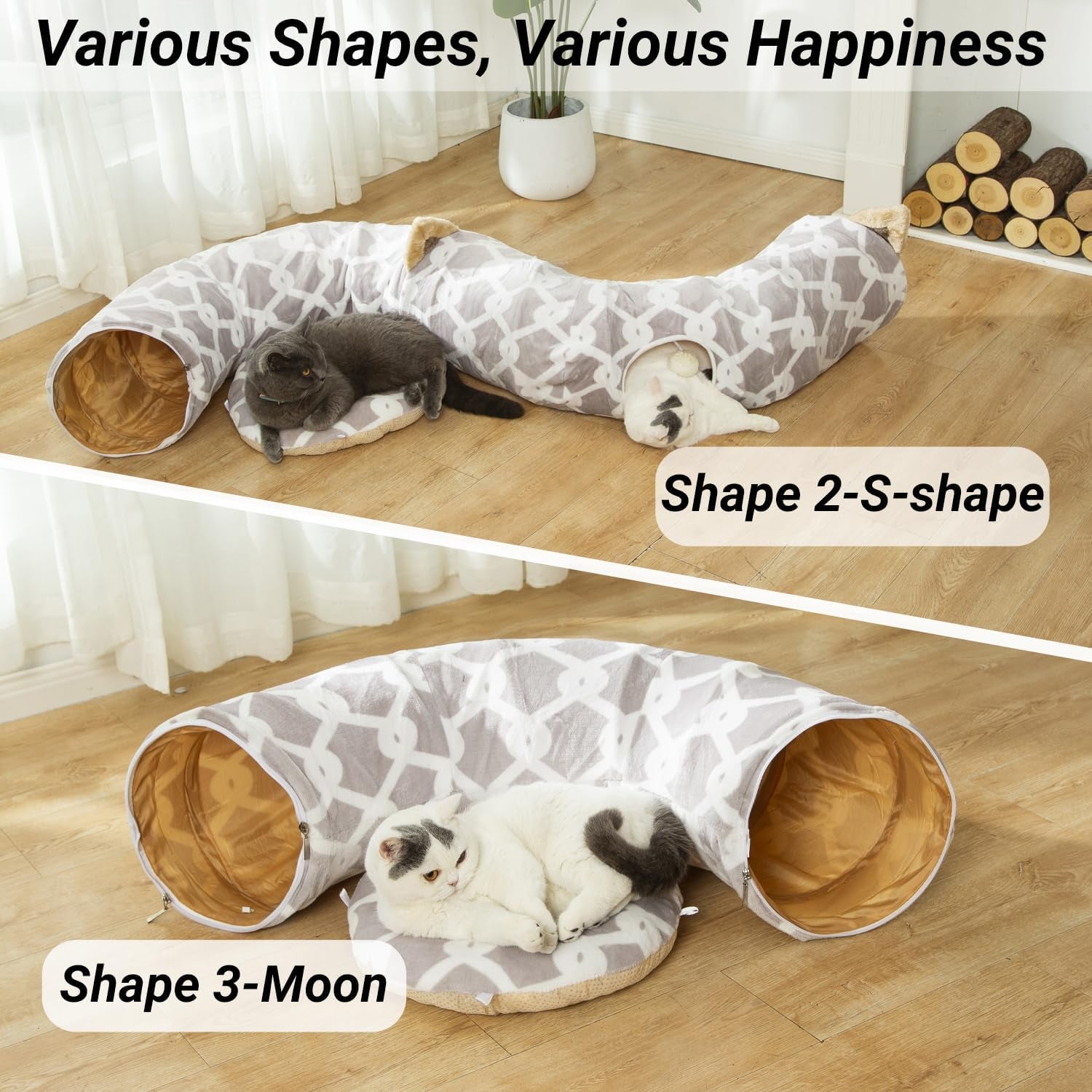Indulge Your Furry Friend with the Cozy 3 Ft Cat Tunnel Bed - Stylish Gray Geometric Design with Fluffy Toy Balls for Cats & Small Dogs