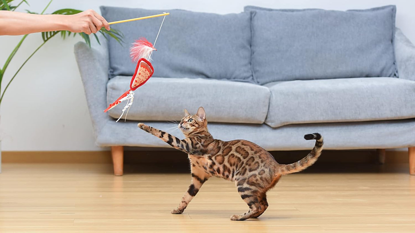 Joey's Pizza Catnip Wand - Interactive Feather Teaser Toy for Cats with Ribbons and Catnip for Fun Exercise!