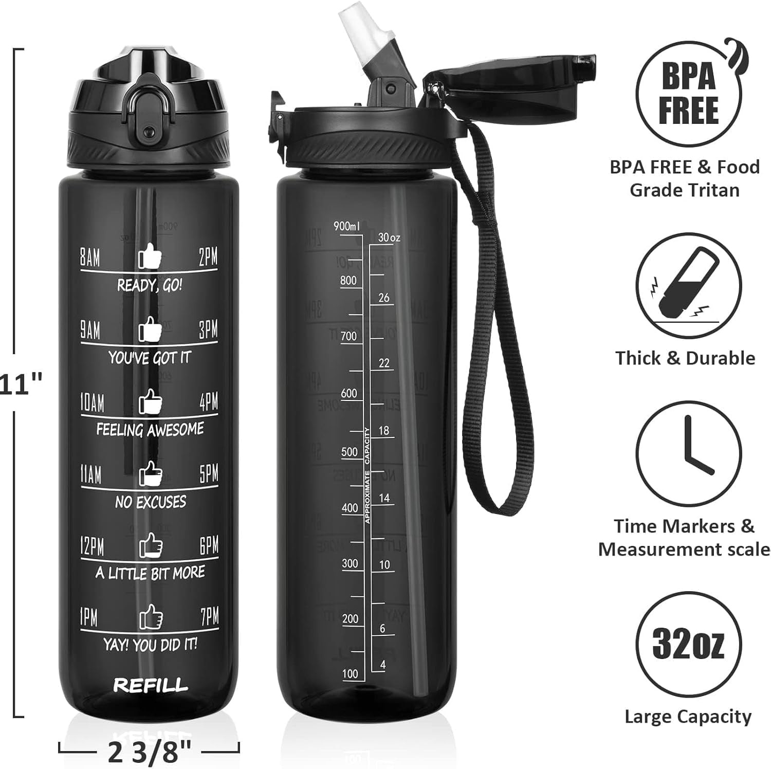 32 Oz Motivational Water Bottle with Sleeve - BPA Free, Leakproof, Insulated Neoprene Carrier - Perfect Xmas Gift for Active Men & Women!