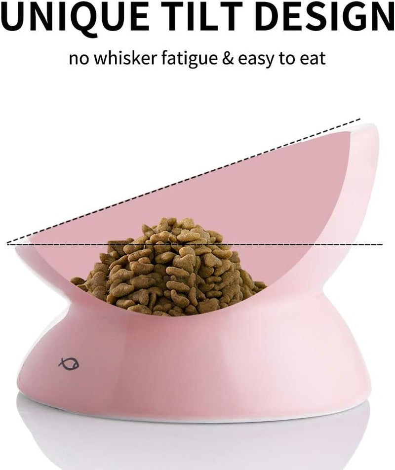 Elevated  Ceramic Cat Bowls - Slanted Design for Stress-Free Eating & Drinking, Protects Cat's Spine (Pink)