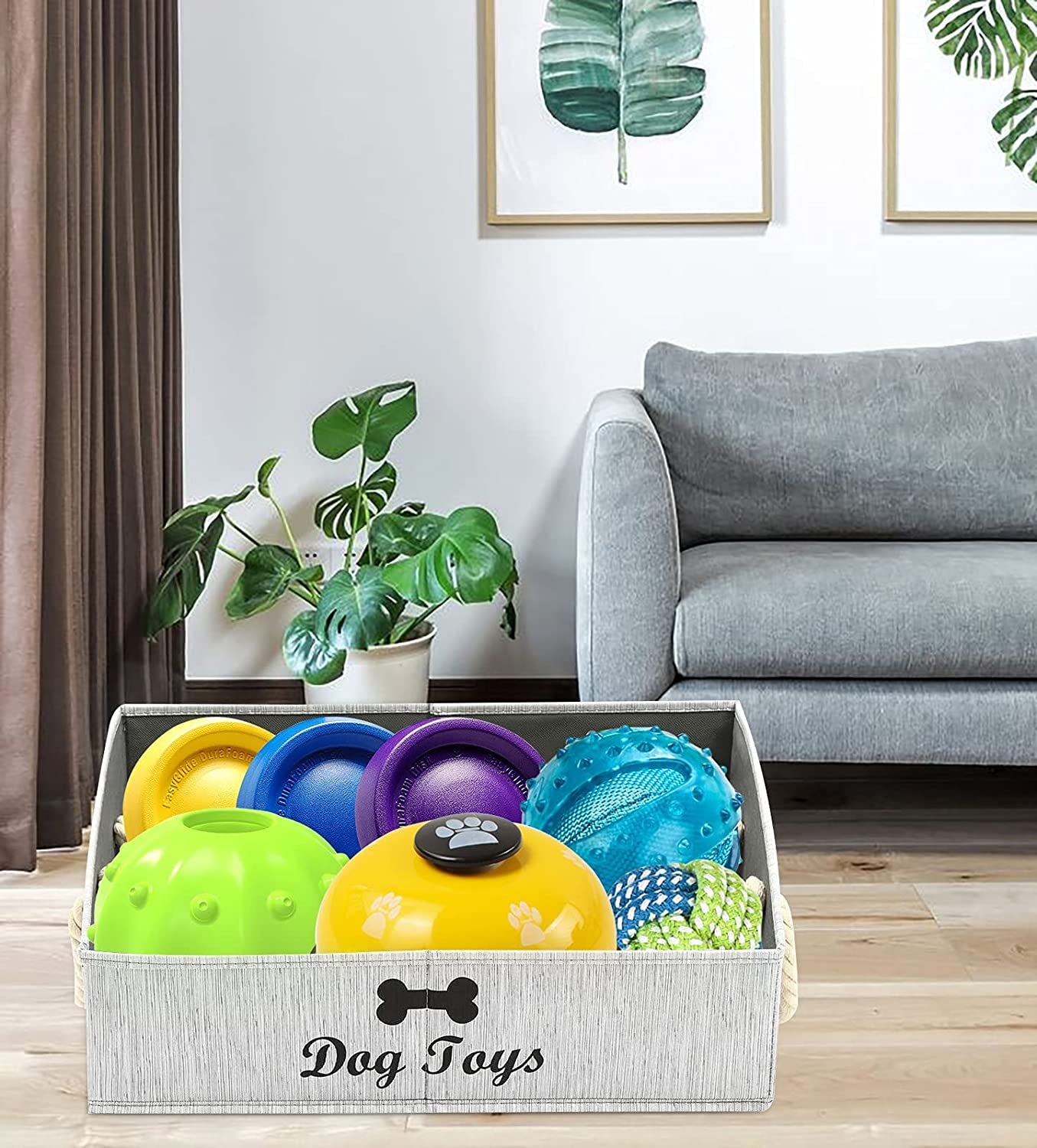 Large Dog Toy Storage Bin - Stylish Grey Basket for Organizing Puppy Toys in Living Room, Playroom, or Closet