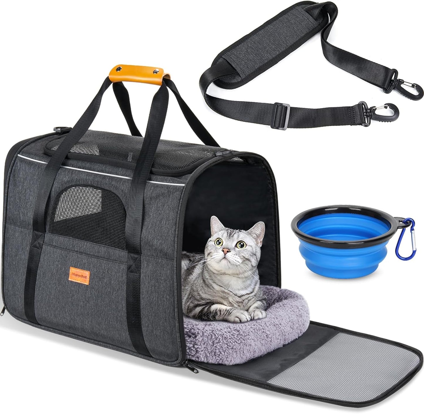 Soft Cat Carrier for Medium to Large Cats - Comfortable & Secure with Dual-Sided Cushion, Buckle & Foldable Bowl - Ideal for Small Dogs (Dark Gray)