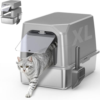 Experience the Ultimate Comfort with Our XL Enclosed Stainless Steel Cat Litter Box - Odor-Free, Anti-Leakage Design for Large Cats - Includes Convenient Scoop