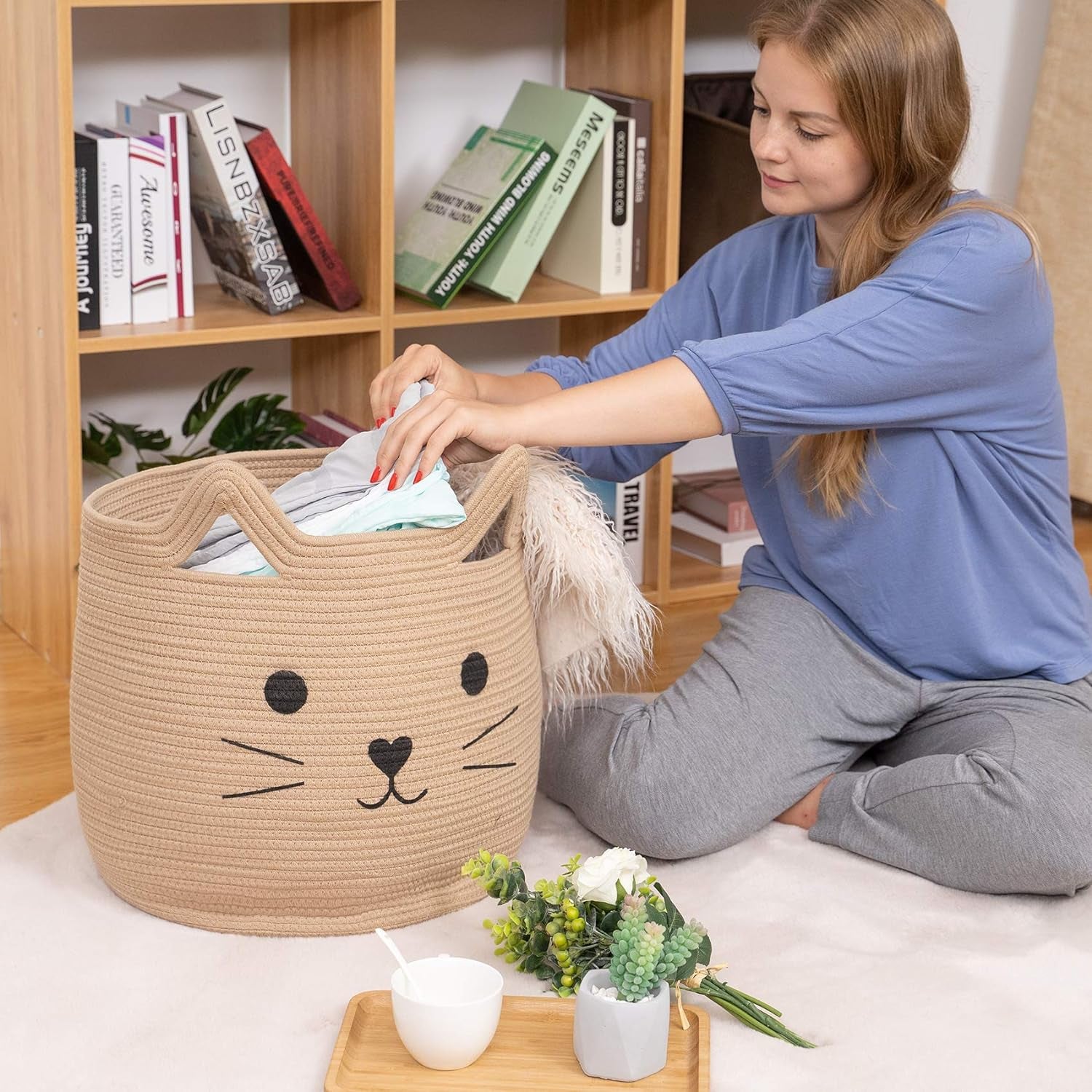 Charming Cat Design Large Woven Cotton Rope Storage Baskets - Perfect for Laundry, Toys, and Gifts!