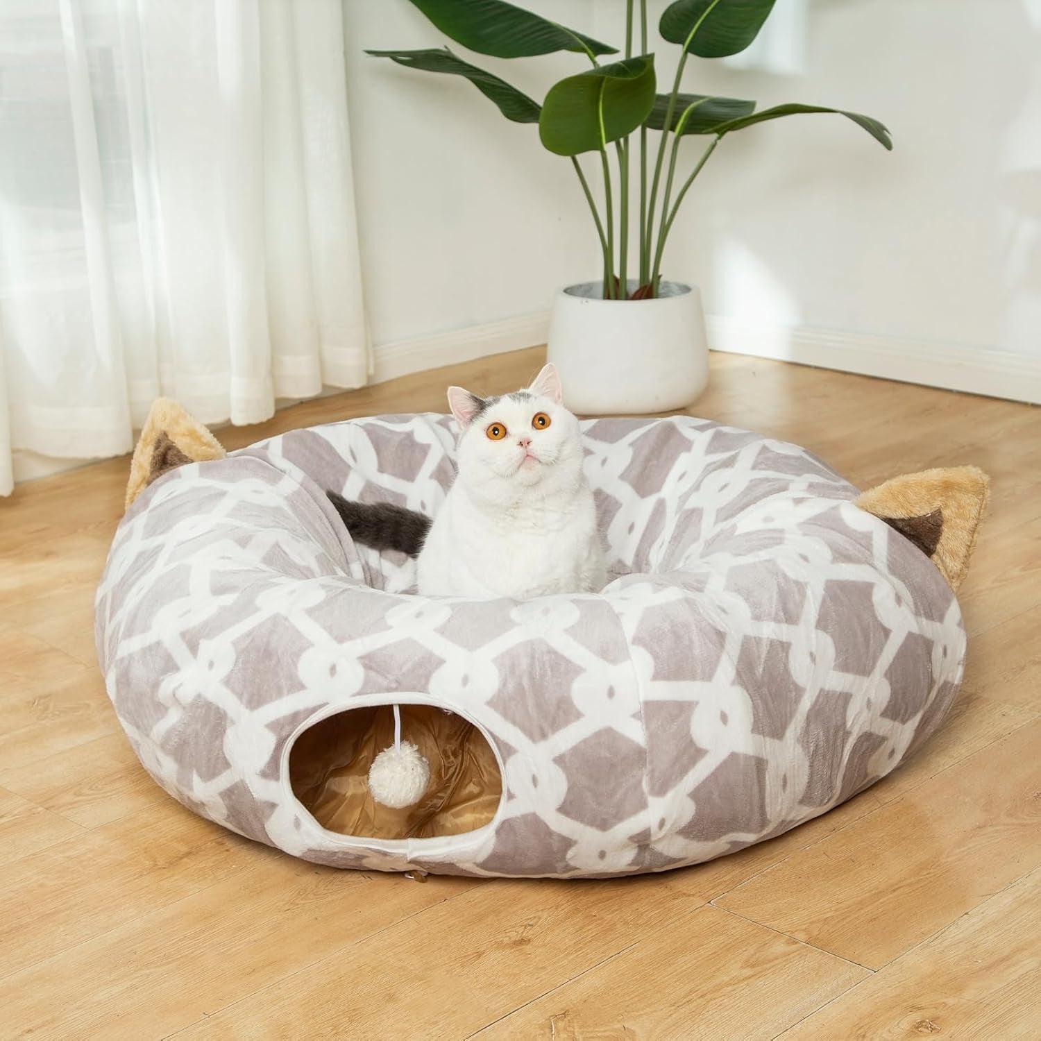Indulge Your Furry Friend with the Cozy 3 Ft Cat Tunnel Bed - Stylish Gray Geometric Design with Fluffy Toy Balls for Cats & Small Dogs
