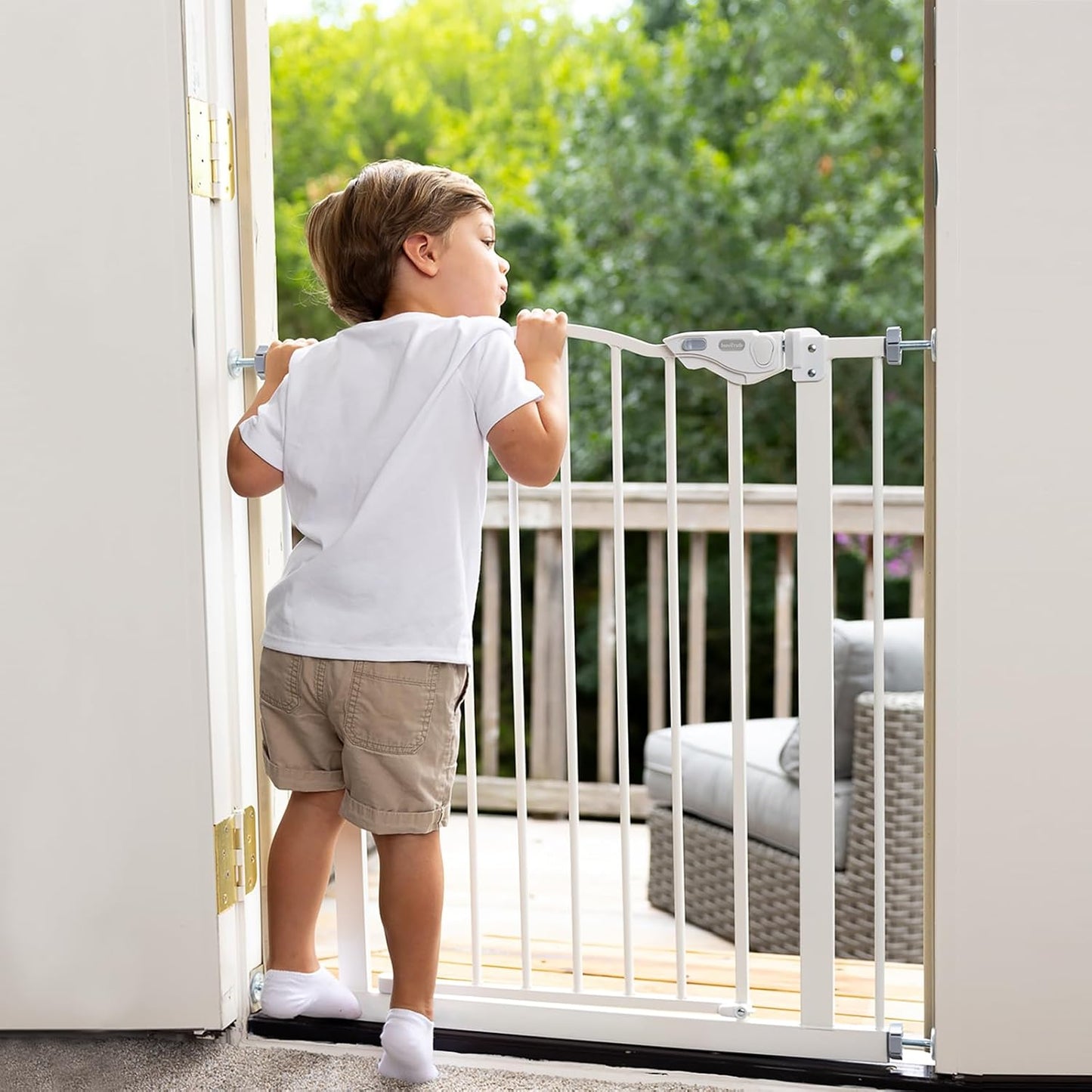 Auto Close Baby Gate for Pets - 29-39.6" Adjustable Dog Gate with One-Hand Opening, 30" Tall Safety Barrier for Stairs, Hallways & Bedrooms - No Drill Wall Pressure Mount - Stylish White Design
