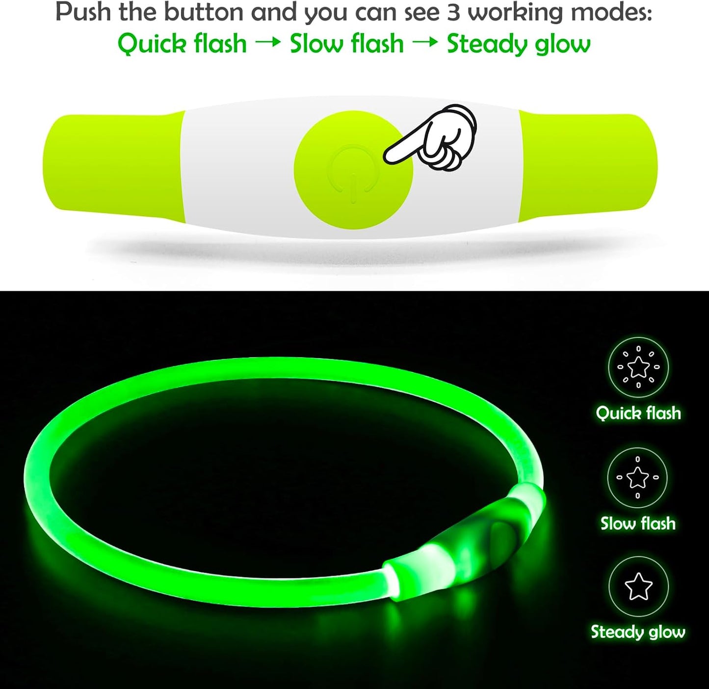 USB Rechargeable LED Dog Collar - Night Safety Light for Small, Medium & Large Dogs (Green)