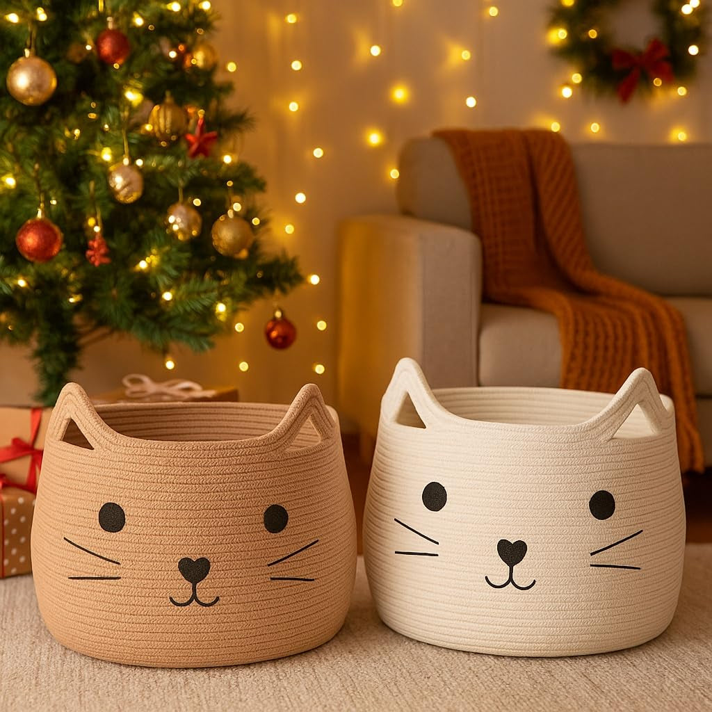 Charming Cat Design Large Woven Cotton Rope Storage Baskets - Perfect for Laundry, Toys, and Gifts!
