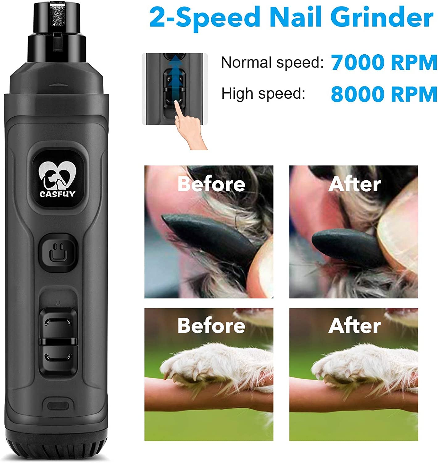 Ultimate 2-Speed Electric Dog Nail Grinder with LED Light - The Quiet, Painless Solution for Grooming All Dog Breeds in Stylish Grey