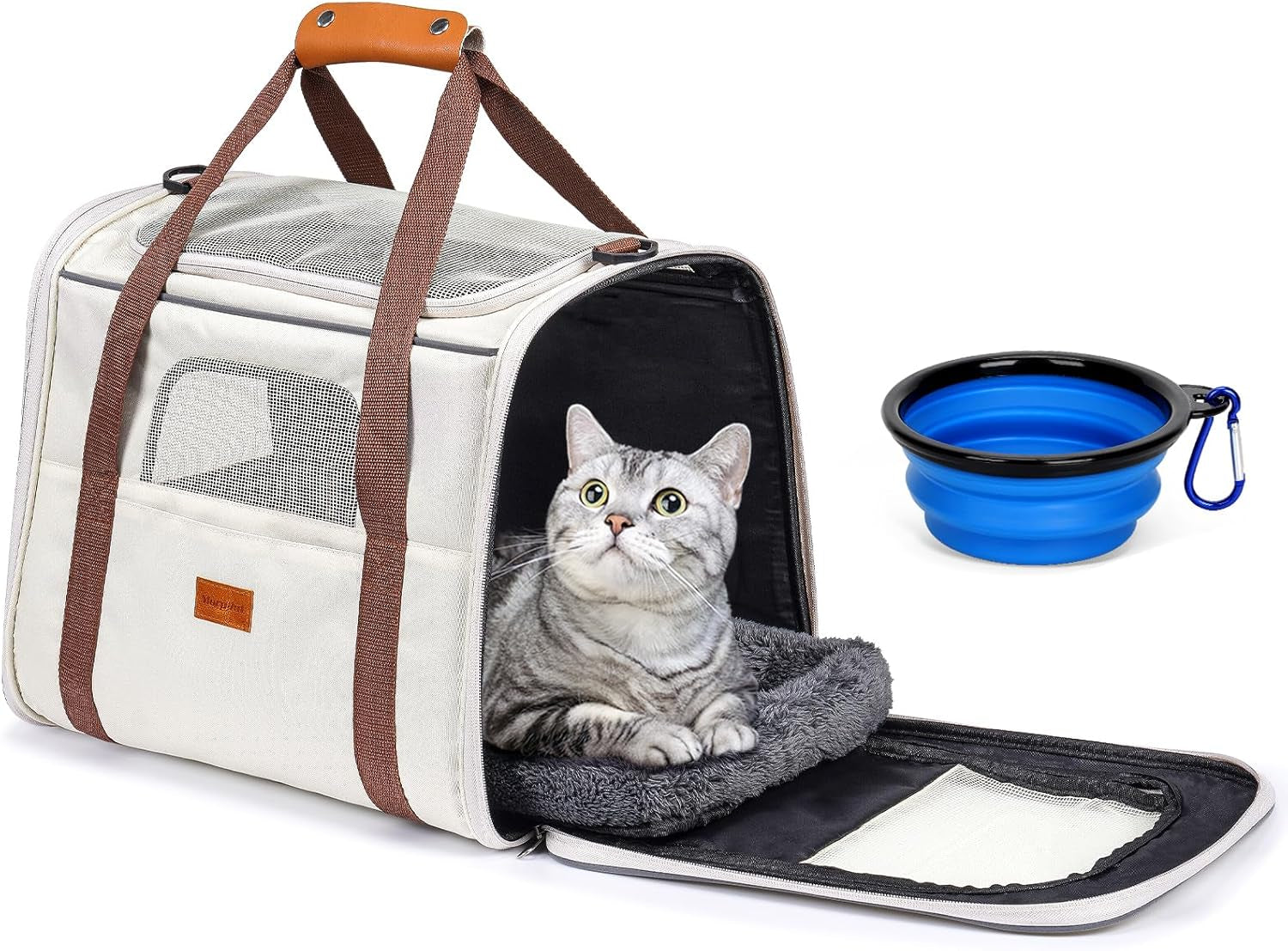 Soft Cat Carrier for Medium to Large Cats - Comfortable & Secure with Dual-Sided Cushion, Buckle & Foldable Bowl - Ideal for Small Dogs (Dark Gray)